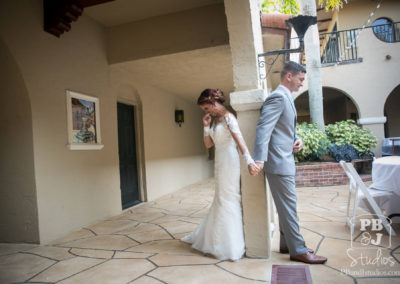 Bride and groom back to back