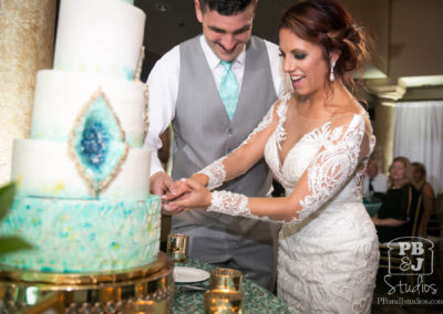 Bride and groom cutting wedding cake