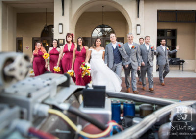 Wedding party walking towards Delorean