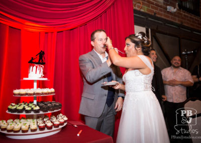 Renette and Todd feeding each other wedding cake